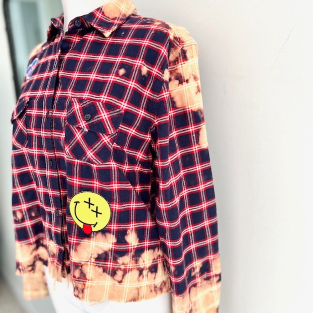 Blue Age Bleached Custom Grunge Flannel with Patches - Picture 4 of 7